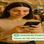 Pessoa usando assistente financeiro em loja de roupas para registrar gasto de R$ 230
