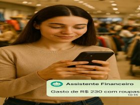 Pessoa usando assistente financeiro em loja de roupas para registrar gasto de R$ 230