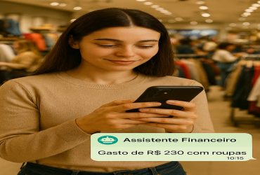 Pessoa usando assistente financeiro em loja de roupas para registrar gasto de R$ 230